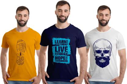 Printed Men Dark Blue, Gold, White T-Shirt