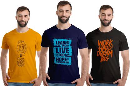 Printed Men Dark Blue, Gold, Black T-Shirt