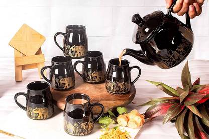 Fiery Pack of 7 Ceramic SJM Tea/Coffee Cup Set 180 ml with Kettle (6 Tea Cups + 1 Kettle) - (Black)