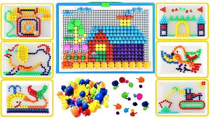 kistapo 3D Pegboard Mushroom Puzzle Board | Zigsaw Building Bricks | Pack Of 2 Boards