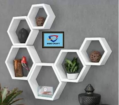 RockartPVTLTD 6 Hexagon shelves White Floating Shelf | Hexagon Shelf | Wall Shelf Wooden Wall Shelf