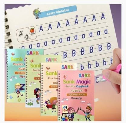 Handwriting Practice Copybook For Kids, Beginners With 1 Pen 10 Refills, Ruled 32 Pages, Spiral Binding, Re-Usable (Multicolor, Pack Of 4, Math, Alphabet, Drawing & Number)