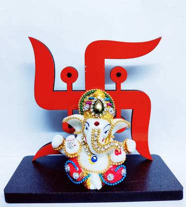 GRACIE COLLECTION LORD GANESHA DECORATED BY STONE WITH WOODEN BASE & SWASTIK Decorative Showpiece  -  11 cm