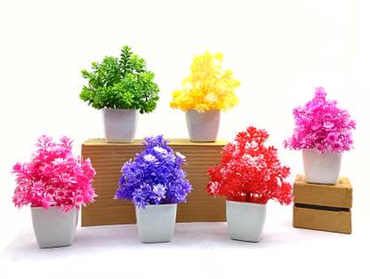 Akp Set Of 6 Plants With Pot For Home And Office Decor Bonsai Wild Artificial Plant  with Pot