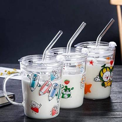 S1स्टोर Cartoon Printed Milk Glass Sipper with Silicone Straw and Lid 3 PC 300ML Glass ग्लास सेट