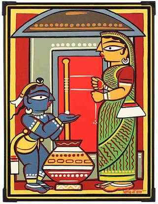 FURNATO | JAMINI ROY Painting Collection – Maa Yashoda & Gopal - MDF577 Digital Reprint 16 inch x 12 inch Painting