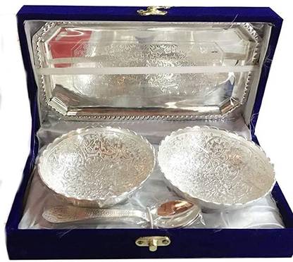 RaaVee German Silver Gift Items For Anniversary Wedding Gift For Couples Gifts Bowls Bowl, Tray, Spoon Serving Set