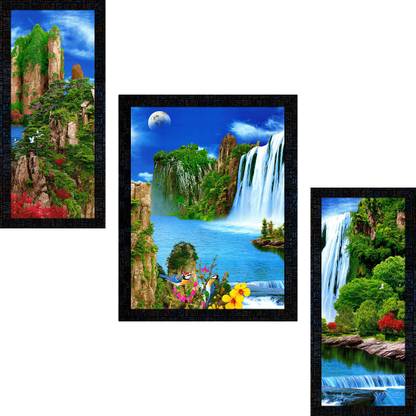 pnf Set Of 3 Vastu Waterfall Landscape Scenery framed-2499- Digital Reprint 13.5 inch x 10.5 inch Painting