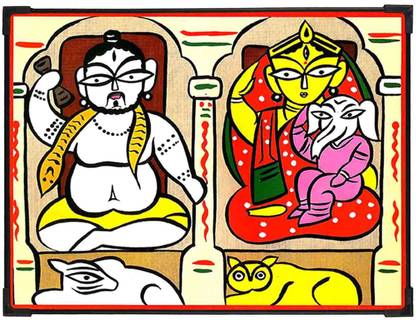 FURNATO | JAMINI ROY Painting Collection – Shiva Durga Ganesha - MDF582 Digital Reprint 12 inch x 15 inch Painting