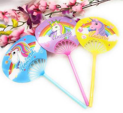 uniqueexpo Set Of 10 Multicolour Unicorn Hand Fan With Pen Ball Pen