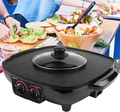 Dinbandhu Shop Hot Pot Grill Smokeless Korean BBQ Grill Pot with Divider Separate Dual pan Grill Pan 30 cm diameter with Lid 3 L capacity