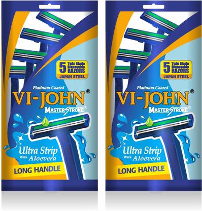 वि-जॉन मास्टर स्ट्रोक ट्विन ब्लेड शेविंग रेज़र्स लुब्रिकेटिंग एलो वेरा स्ट्रिप पैक के साथ 10