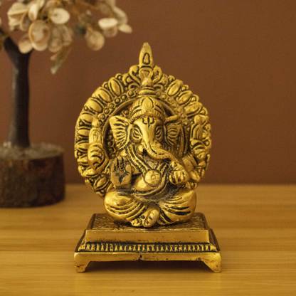 Spillbox Brass Gold finished Sinhasan Ganesha God Idol Statue Religious Décor Decorative Showpiece  -  11 cm