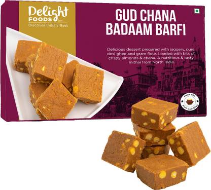 Delight Foods Gud Chana Badam Barfi - Desi Ghee (250g) | Indian Sweet| Mithai|Dessert Box
