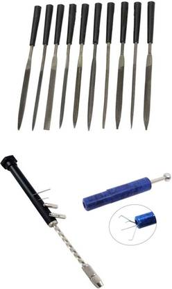 TOOLBUX Pack of 3 -10 Pc Needle File Set PCB Mini Hand Drill Adjustable Hex Saw