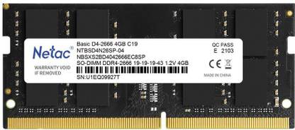 Netac Laptop RAM Basic SO DDR4 4 GB (Dual Channel) Laptop (Memory Module Basic SO DDR4-2666 4G C19 Laptop RAM)