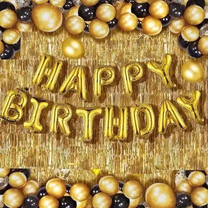 Solid Happy Birthday Golden Foil (13) + 30 Pc Balloon + 2 Pc Gold Curtain (Pack of 45) Letter Balloon