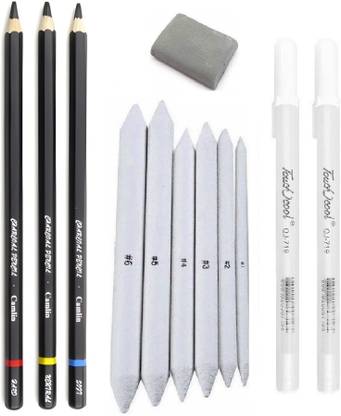 Craftacious 3Pc Camlin Charcoal Pencil, 2Pc White Pen, 6Pc Blending Stump & Kneadable Eraser