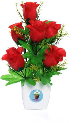CHAUDHARY FLOWER Beautiful Rose Flower For Home Décor Red Rose Artificial Flower  with Pot
