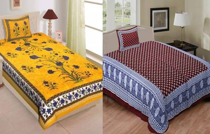 Jeevat 180 TC Cotton Single Jaipuri Prints Flat Bedsheet