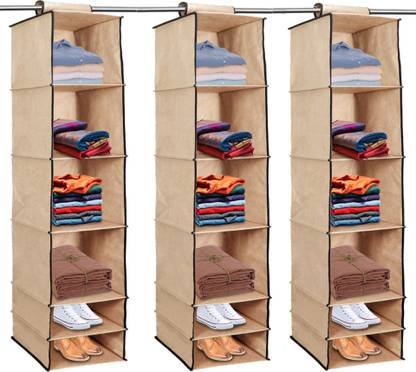 Home Style India 6 Shelf Closet Cloth Hanging Wardrobe Organizer Clothes Storage (3 Pcs, Beige) Closet Organizer