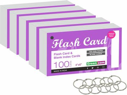 greencom 500 pack Blank Index Cards, Flash cards 4" x 6", White, 220 GSM with 10 pcs Free Binder Rings 3-Part Roomy 4" x 6" size is perfect for detailed study, presentations or lists