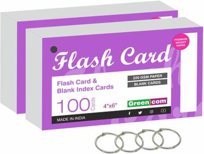 greencom 200 pack Blank Index Cards, 4" x 6", Plain White 220 GSM with 4pcs Free Binder Rings Flash cards 3-Part Roomy 4" x 6" size is perfect for detailed study, presentations or lists