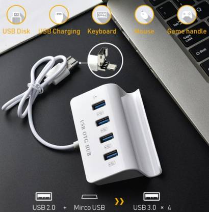 play run ™4 Port USB 3.0 OTG Micro USB Hub 480Mbps High Speed Splitter USB Hub for Windows Tablet Smartphone PC with Phone Holder Card Reader, USB Fan, USB Charger, USB Cable, USB Mouse