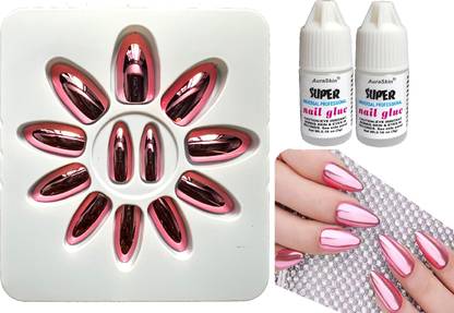 AuraSkin Bridal Series Artificial Metallic Mirror Shine Soft Pink Nail Art with glue Metallic Soft Pink