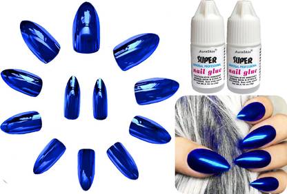 AuraSkin Bridal Series Artificial Metallic Mirror Shine Blue Nail Art Designs with glue Metallic Blue