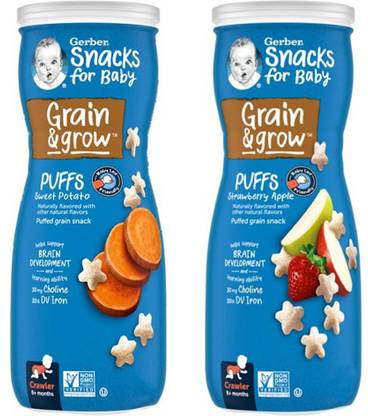 GERBER Lil Crunchies & Puffs Combo Pack of 2 -Apple Sweet Potato +Strawberry Apple Puff Baby Snacks 100 g