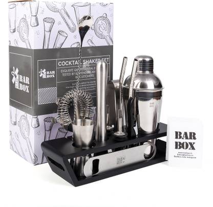bar box Tool with Stylish Bamboo Stand|Perfect Home Bartending Kit 14 - Piece Bar Set