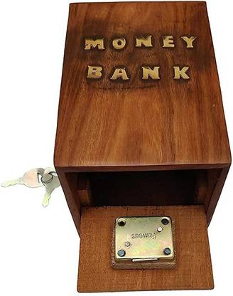 NextNewBetter Wooden Money Piggy Bank Coin Box Big Size with Inbuilt Lock and Keys Coin Bank