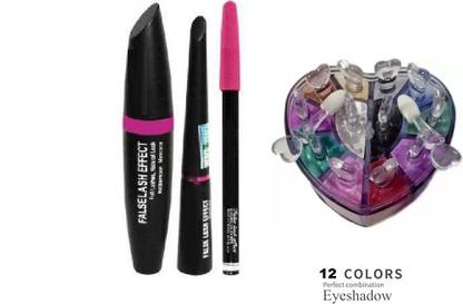 Lele Combo of Waterproof Eyeliner,Mascara, Eyebrow Pencil and 12 color eyeshadow shimmer Powder C-47