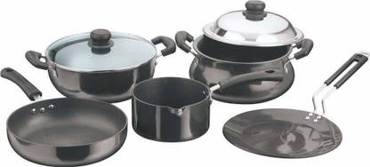 VINOD Black Pearl Plus Hard Anodised Cookware Set of 5- 24 cm Deep Kadai with lid Induction Bottom Cookware Set