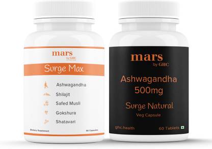 mars by GHC Pure Gold Standard Ashwagandha & Pure Himalayan Shilajit Capsules| No Side Effects | 60 Capsules Each