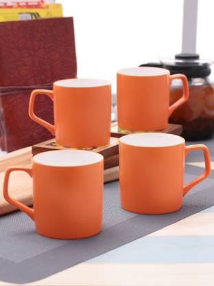 CLAY CRAFT Solid Plain Orange Color - Set of 4 Ceramic Coffee Mug