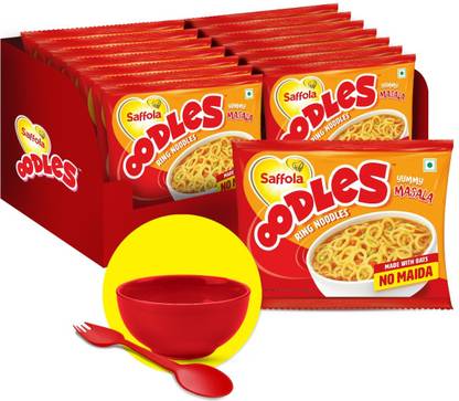 Saffola Oodles Instant Noodles, Yummy Masala, No Maida, Whole Grain Oats with Bowl and Spork Instant Noodles Vegetarian
