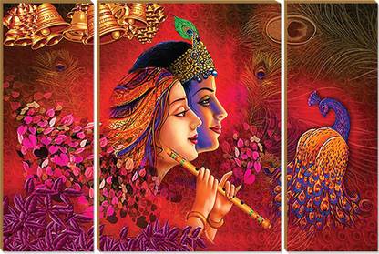 Jitesh Arts Spiritual Eternal Love Radha Krishna Smiling Lucky Vastu Cosmic Red Digital Reprint 18 inch x 12 inch Painting  (Without Frame, Pack of 3)