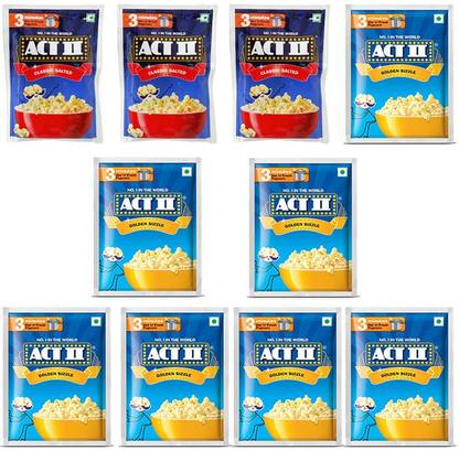 ACT II 3 Classic Salted and 7 Golden Sizzle FlavourPopcorn,Each 40g (400g,Pack of 10) Magic Butter, Classic Salted Popcorn