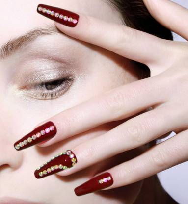 BERRYCRAVE Press On False Nail Extensions with Rhinestones - BURNT MAROON - Set of 12 Nails