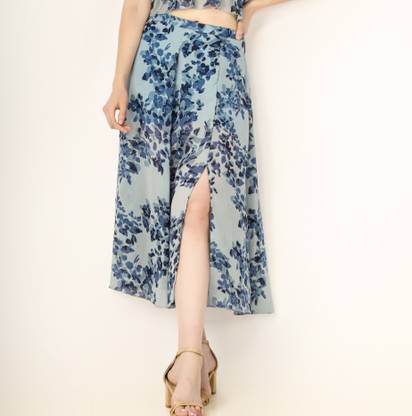 ANVI Be Yourself Solid Women Flared Blue Skirt