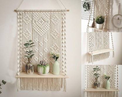Saaz Macrame Wall Hanging Shelf |122| Boho Shelves with Wooden Dowel Modern Chic Hand