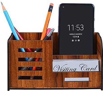 3 Compartments Wood Multipurpose Wooden Desk Organizer Pen, Pencil And Mobile Stand For Office Table