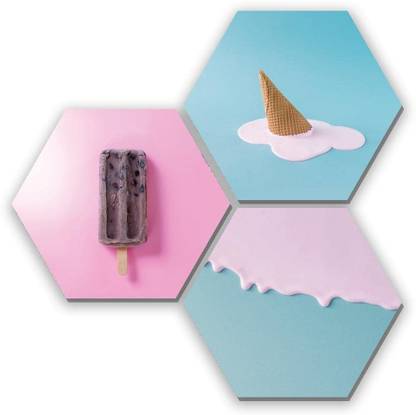 100yellow Set of 3 UV Textured Ice-cream Cone Theme Hexagonal Shape Digital Reprint 17 inch x 17 inch Painting
