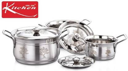 Sorbhi Kitchen 22G 3Pcs Laser Fairlady Pot With Laser Lids Handi 1 L, 1.2 L, 1.5 L with Lid