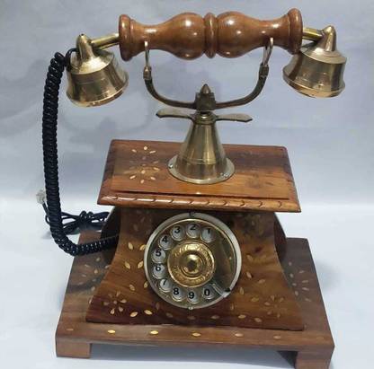 Furniture Hub Wooden Telephone, Old Fashion Rotatory Numbers Dial , Antique Landline Phone Decorative Showpiece  -  22 cm