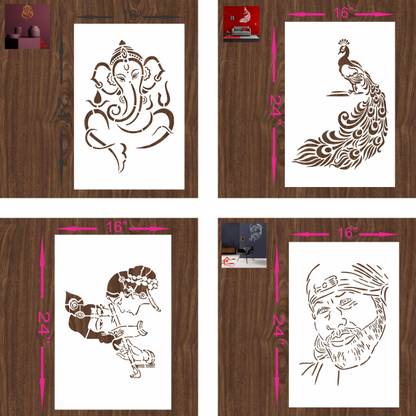 FLEXISHINE DECOR (Size:- 16X24 Inch) THEME-Ganesha,krishna,peacock krishna and SaiBaba Pattern Pattern Reusable Design Ideal For Bedroom, Kids Room and Living Room Decoration Stencil