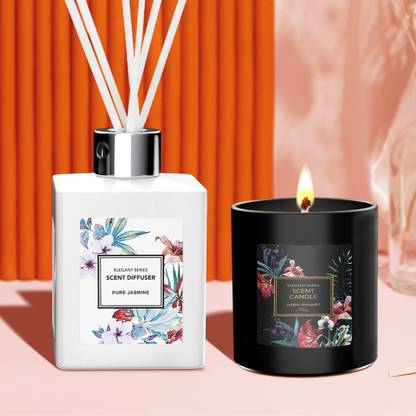 MINISO Floral Diffuser Set Elegant Series-scented Candle(FLORAL BOUQUET,Black)+Elegant Series-scentDiffuser(Pure Jasmine,White)