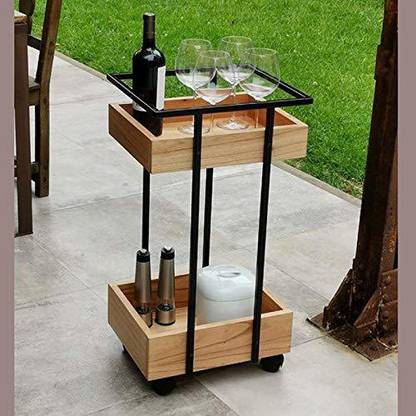 Decorvatsa Metal Frame Wooden Bar trolley/ Serving trolley/ Kitchen Trolley Solid Wood Bar Trolley